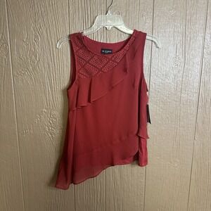 NWT I.N. Studio Red Sleeveless Blouse Red Lined Lace Detail‎ Formal Ruffle SZ PS